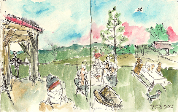 Page from Sarah's sketchbook: Thursday night dinner party for the Cooking Class