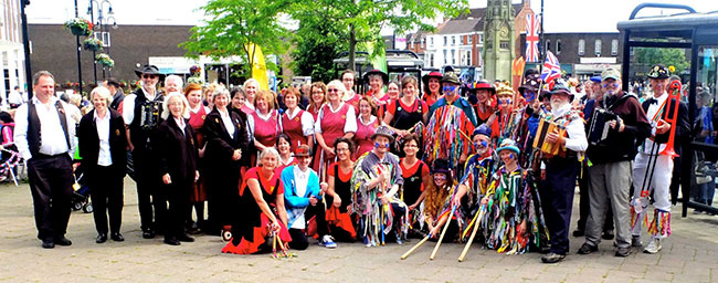 The Brasstown Morris Teams in England. Carl and trombone are on the far left.