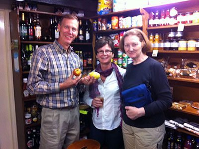 Carl demonstrates the use of props, with Donna and Charlotte in the world's smallest shop, in Hudstall, Yorkshire. Photo by Robert Forsyth.