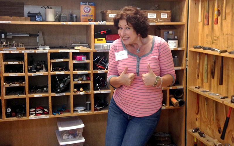 Leanne enjoys the vast supply closet in the Jewelry Studio.