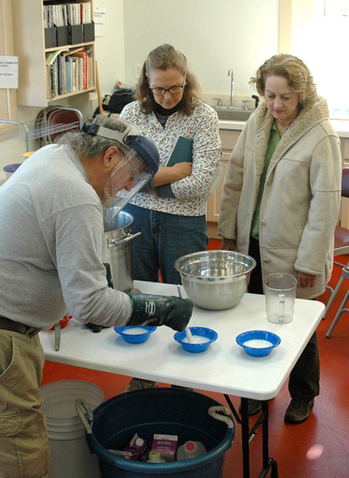 Tim Tyndall tests different types of milk with lye.