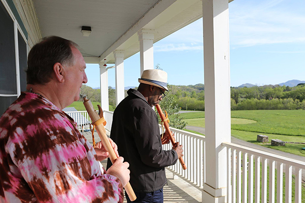 David and Preston in flute class on the Music Studio Porch, Davidson Hall.