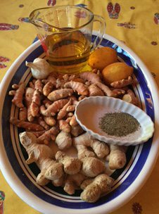 Our fall harvested ginger and turmeric plus ingredients to make Carla's Spice paste recipe, Black pepper, lemon, garlic, olive oil. We keep it in fridge with a dose of apple cider vinegar. Use it in soups, veggies, casseroles, salads.