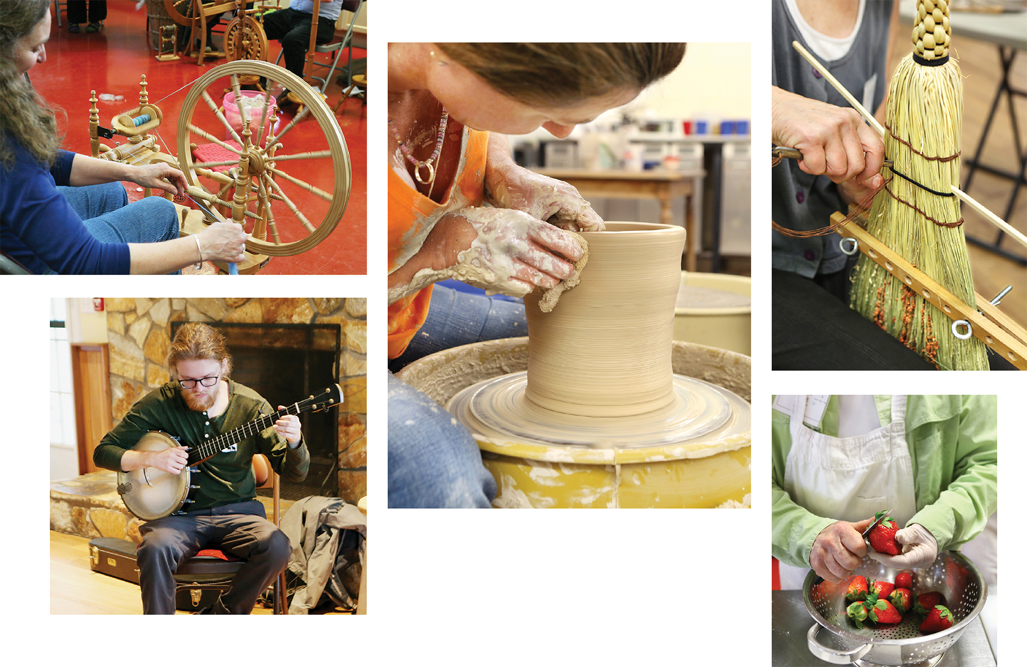 Spinning, clay, music, broommaking, and cooking collage of images