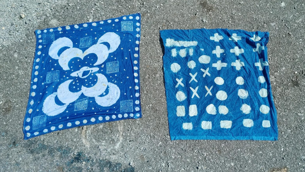 Indigo dyeing pieces laying out to dry