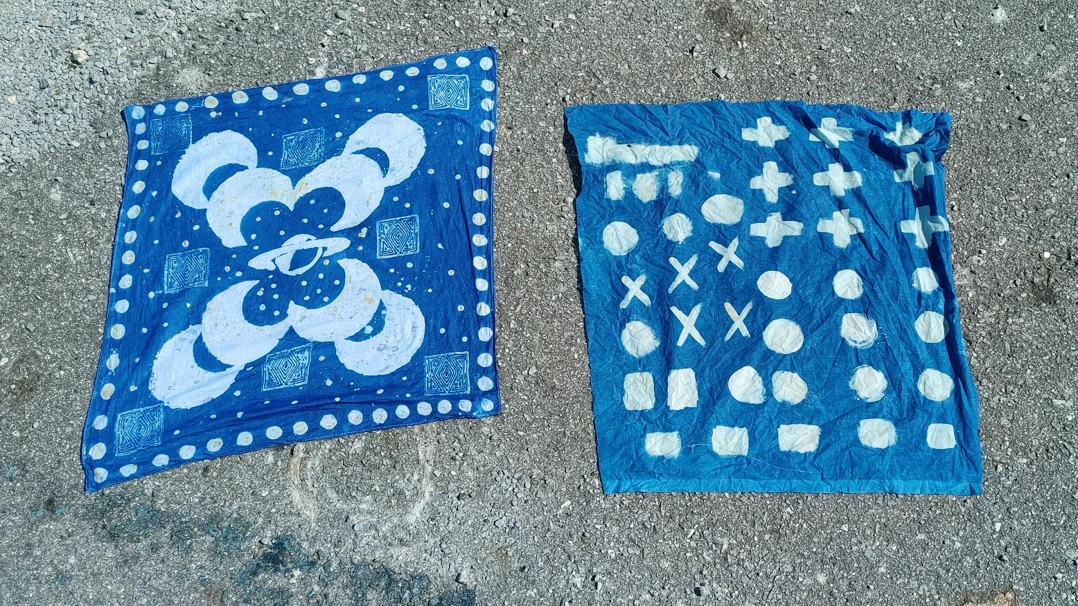 Indigo dyeing pieces laying out to dry