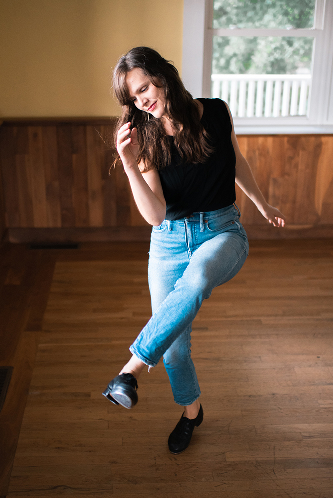 Becky Hill clogging in the Music Studio in Davidson Hall at the John C. Campbell Folk School