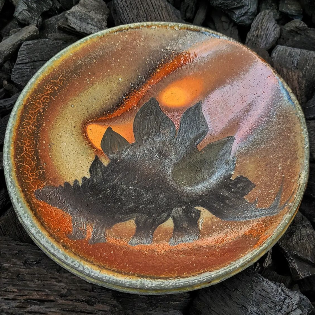 Astroid Shower Series: Stegosaurus on a soda fired plate