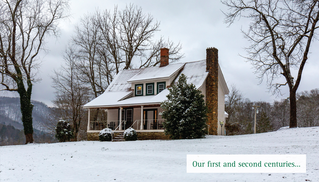 Farm House covered in snow with overlaid text that reads "Our First and Second Centuries..."