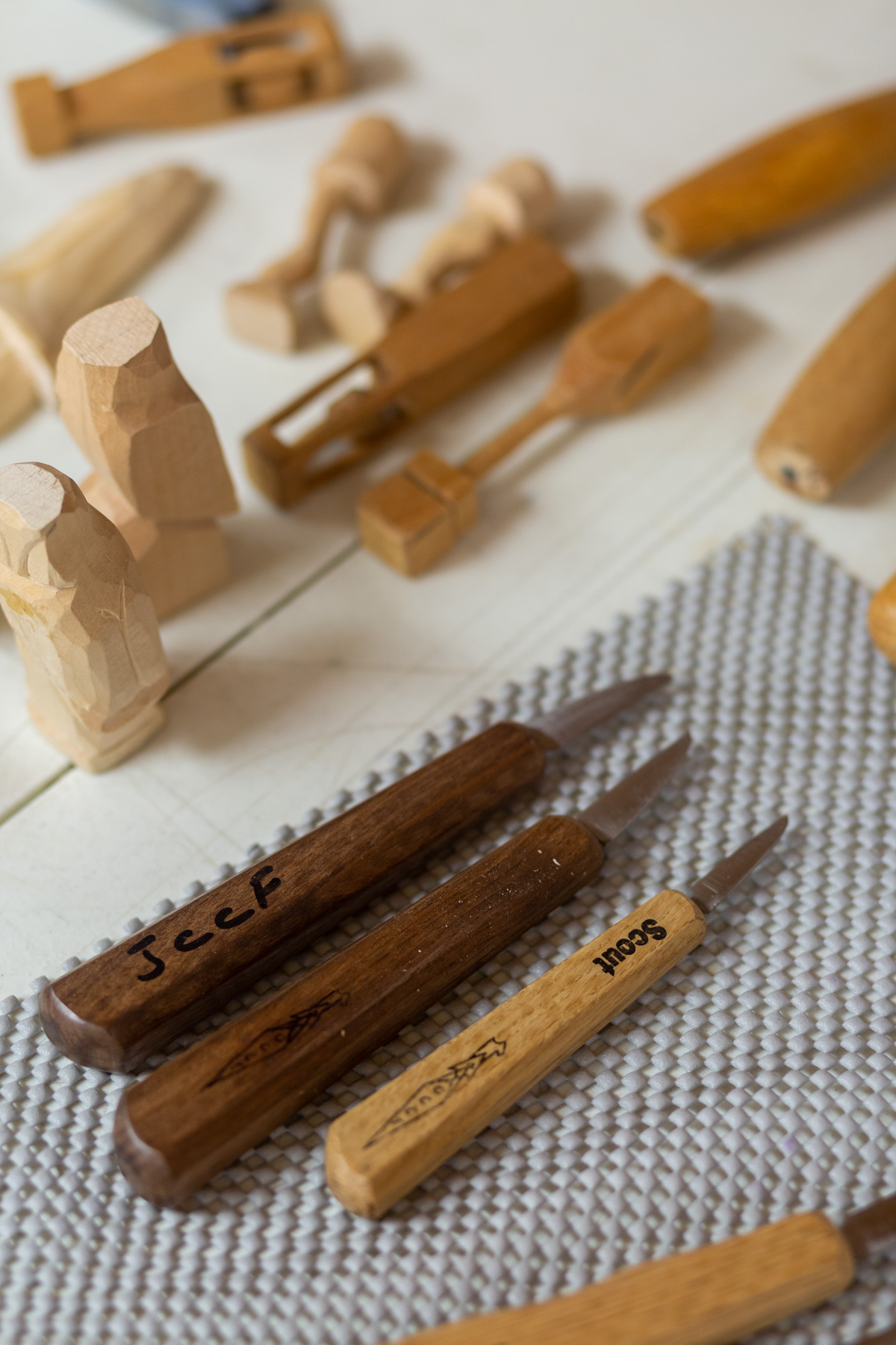 Carving tools and blanks.