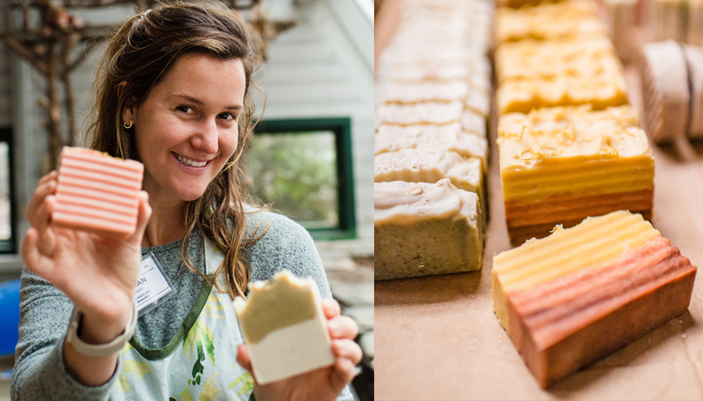 An image collage. On the left, a young woman smiles at the camera and proudly shows off two of her bars of soap. On the right, an artistic photo of the bars of soap she made.