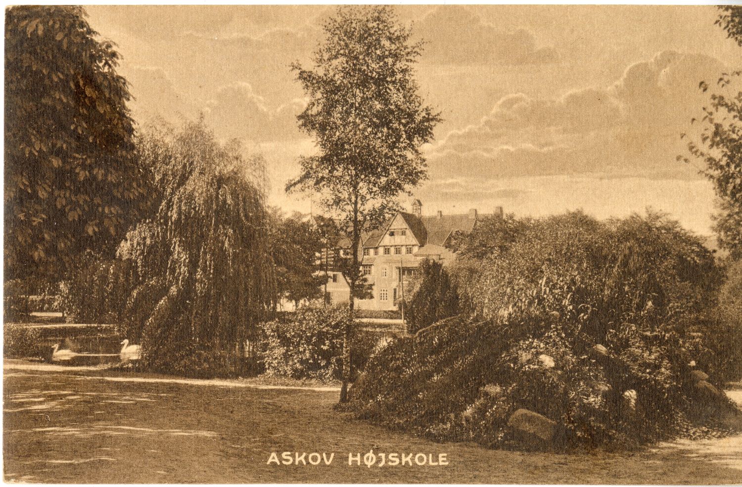 black-and-white postcard with image of multi-story building behind variety of trees and shrubs, labeled "Askov Hojskole"