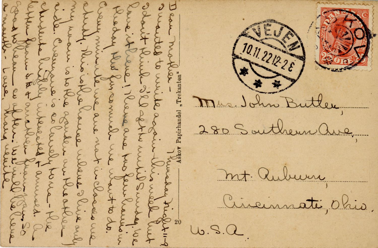 handwritten postcard addressed from Marguerite to Mrs. John Butler, Cincinnati, 1922