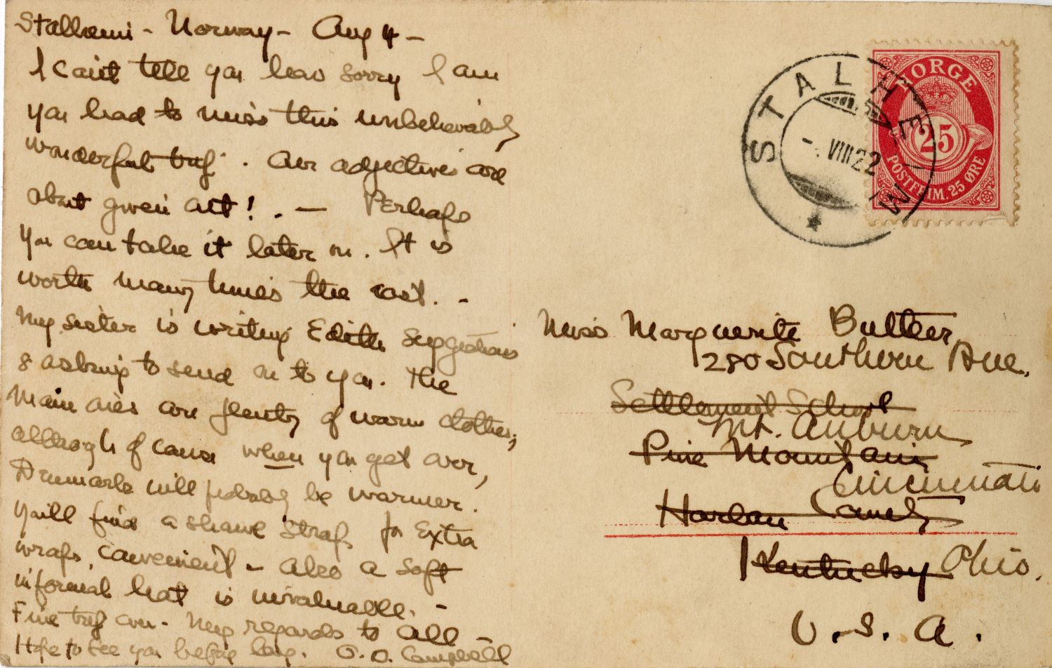 handwritten postcard addressed to Marguerite Butler, Harlan County, Kentucky, from Olive Dame Campbell in Norway, August 1922