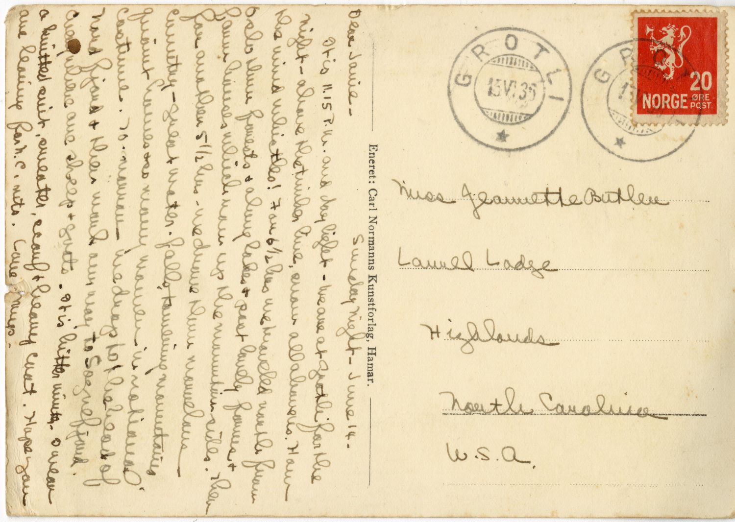 handwritten postcard addressed to Miss Jeannette Butler, Highlands, North Carolina