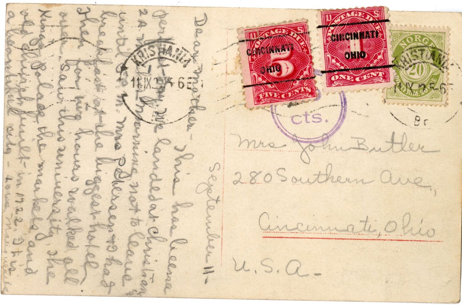 handwritten postcard from Marguerite to Mrs. John Butler, Cincinnati