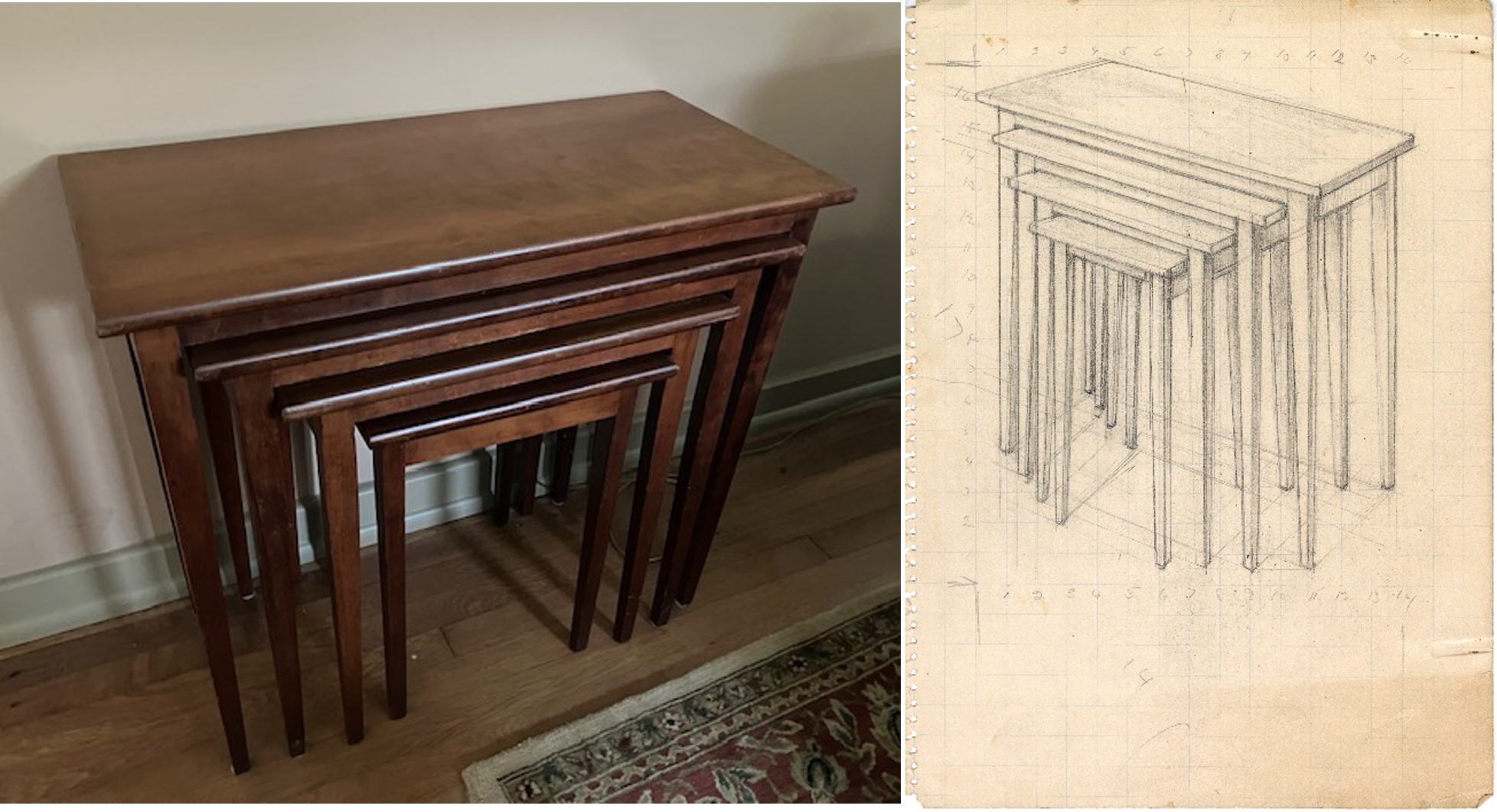set of 4 wooden nesting tables and pencil sketch of the nesting tables