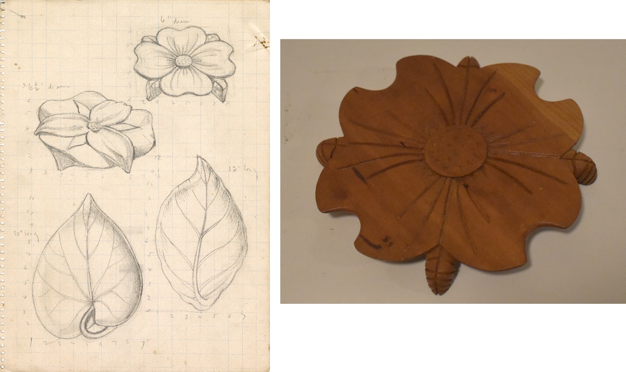 pencil sketch of two floral trivets and two leaf-shaped trivets next to photograph of a carved wood trivet shaped like a dogwood flower